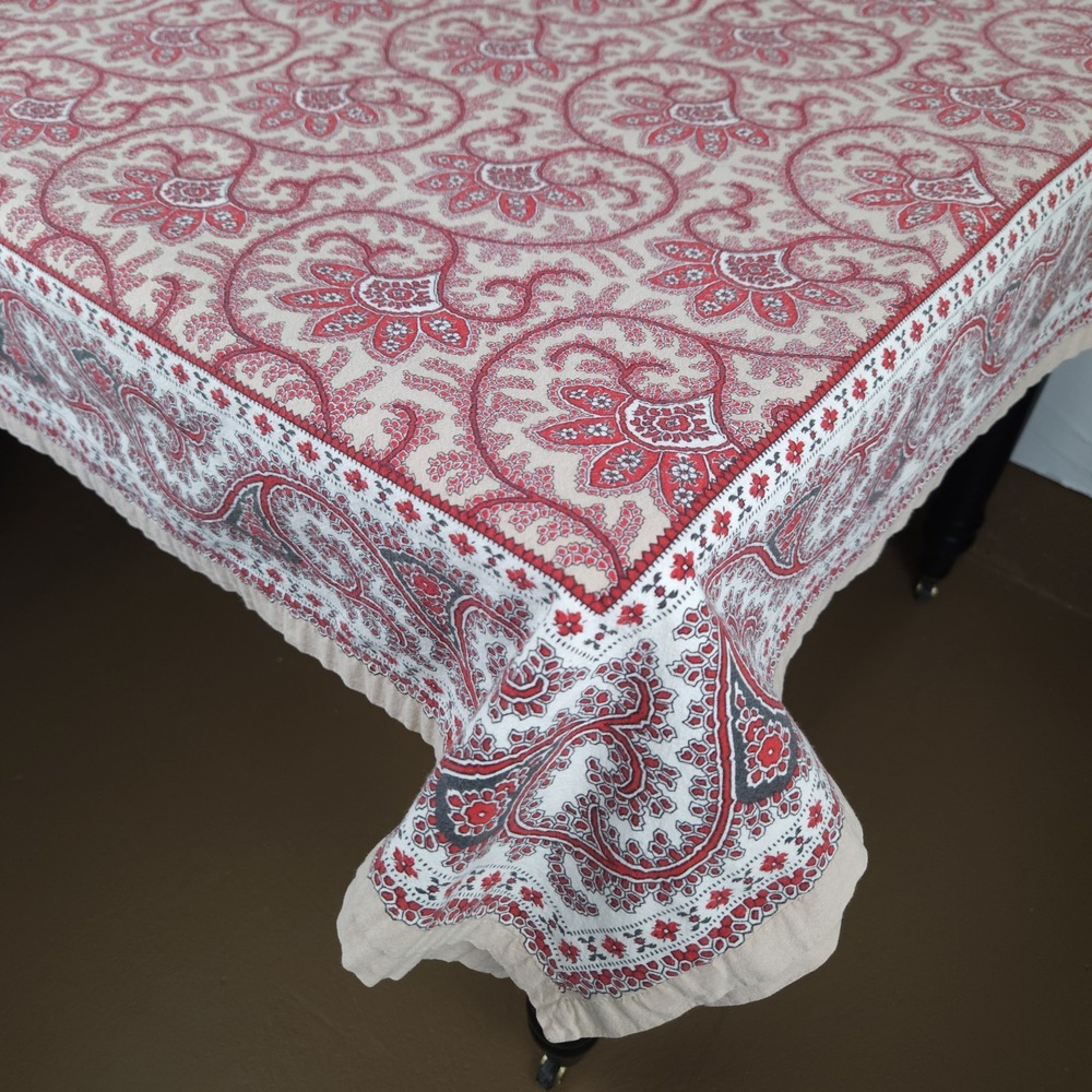 Williams Sonoma Red Floral Block Print Tablecloth Cotton Boho Christmas 70x126